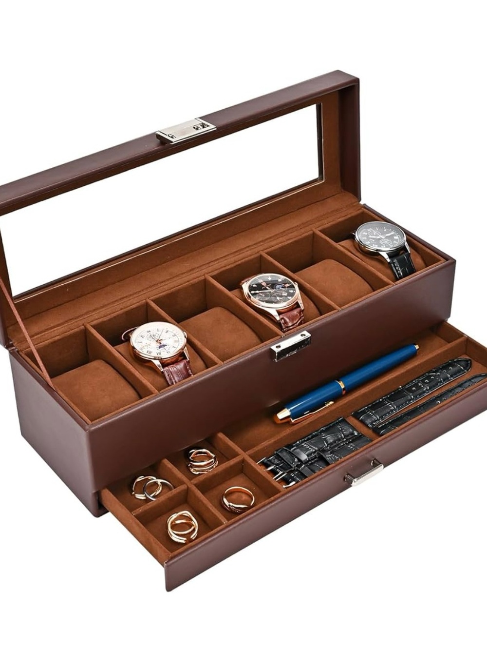 NEW Watch box (6 Slot Watch Display Case With Drawer and Glass Lid)